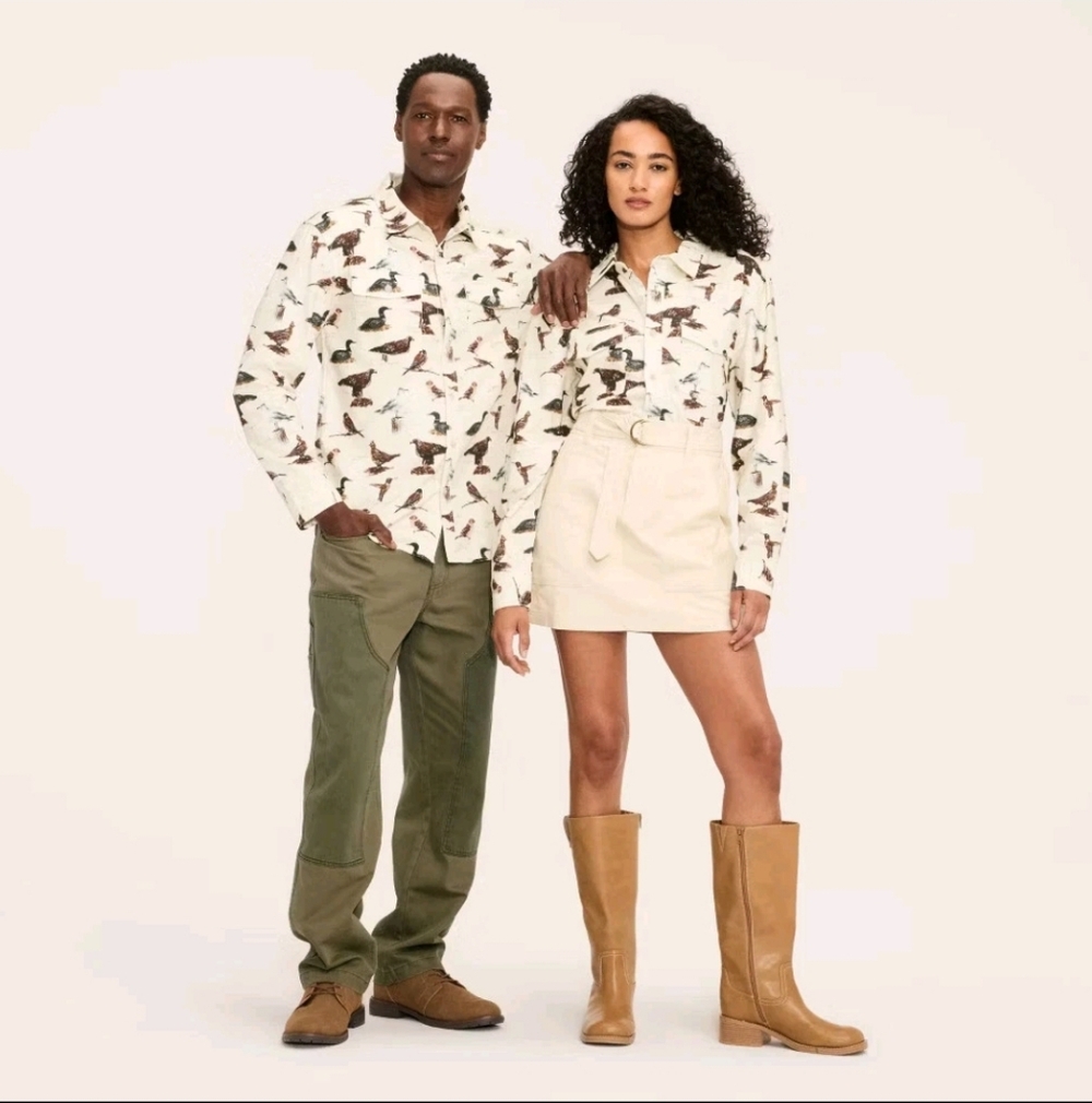 Adult Bird Motif Long Sleeve Button-Down Flannel Shirt - Woolrich Cream Multi L